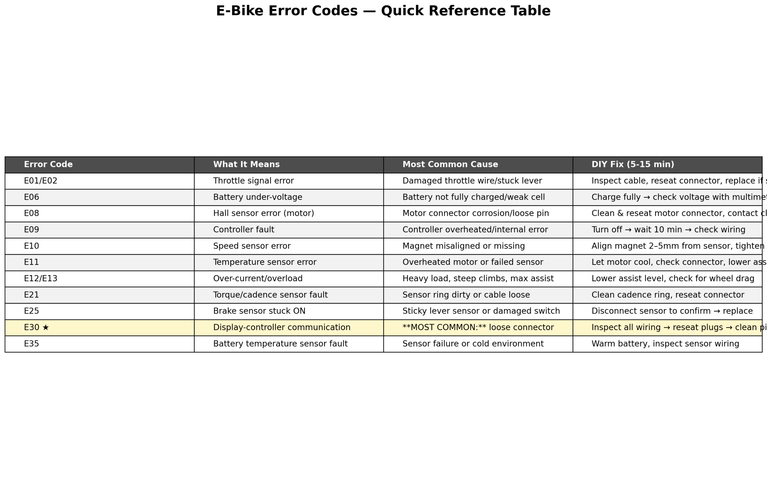 Complete e-bike error code reference chart showing codes E01 through E35 with causes and DIY fixes - IonicRide troubleshooting guide