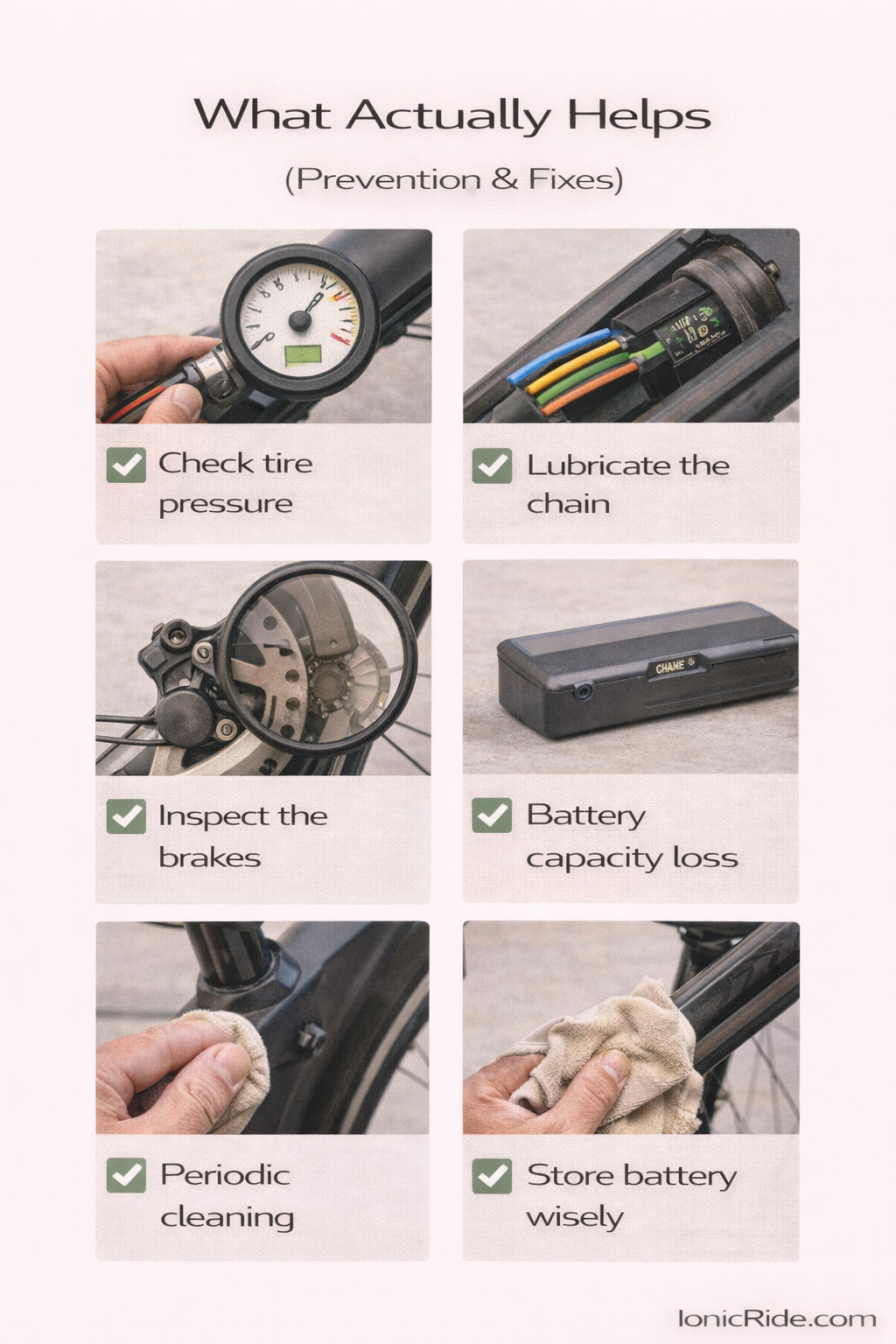 Checklist showing practical steps to prevent an e-bike from feeling sluggish, including tire pressure checks, chain lubrication, brake inspection, battery care, and regular cleaning