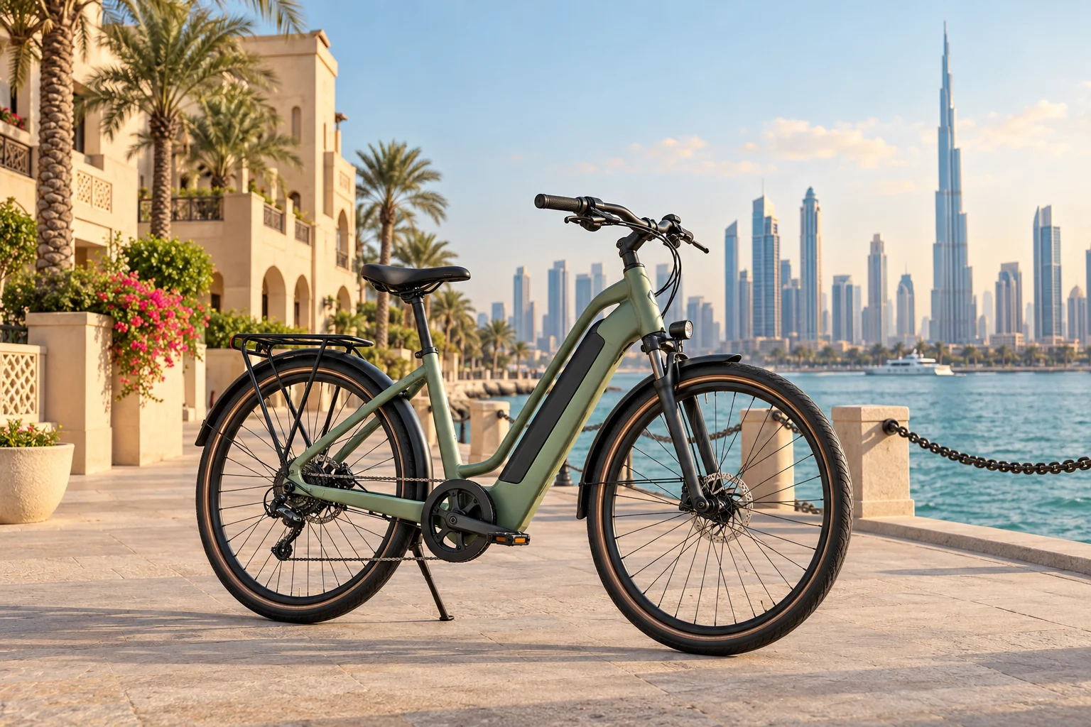 Concept illustration of a green electric bicycle by a Dubai waterfront