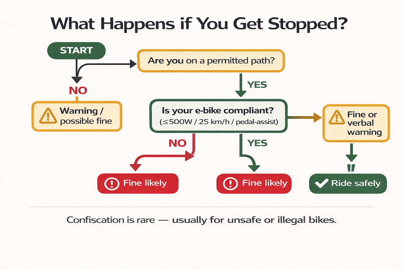 Flowchart showing what happens if you get stopped while riding an e-bike on Dubai cycle paths—warnings, fines, and rare confiscation outcomes