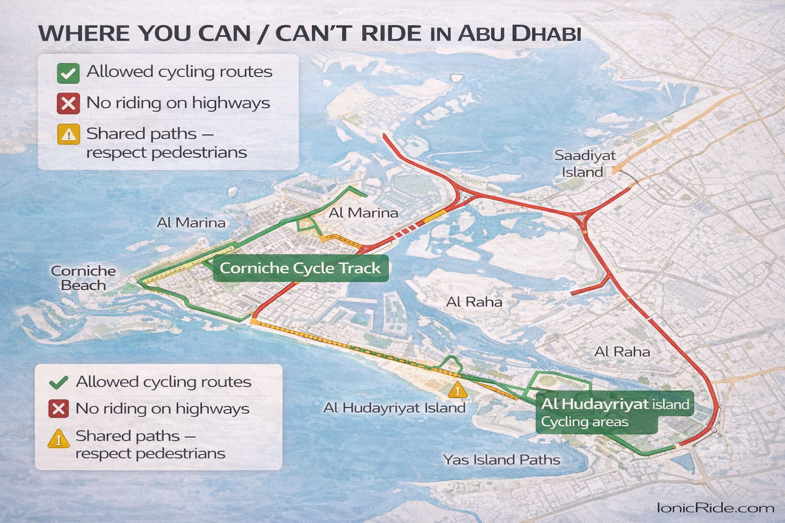 Map showing where e-scooters are allowed to ride in Abu Dhabi including cycling tracks, parks, and designated paths