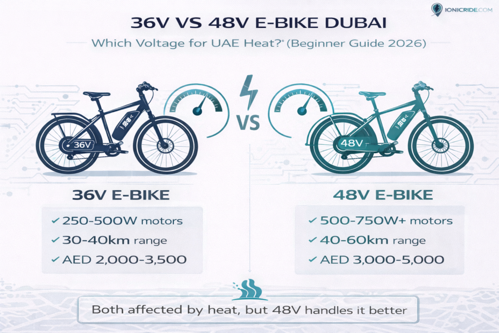 Voltage comparison infographic showing differences between 36V and 48V e-bikes for Dubai conditions