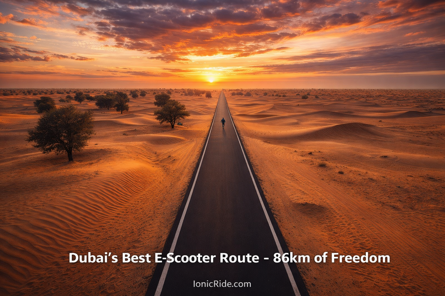 Scenic view of Al Qudra cycle track in Dubai showing smooth paved path through desert landscape, ideal for e-scooter riding