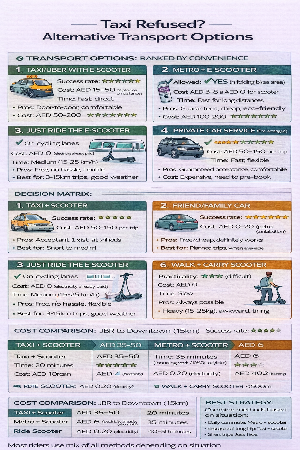 Alternative transport options infographic for e-scooter users in Dubai when taxis refuse