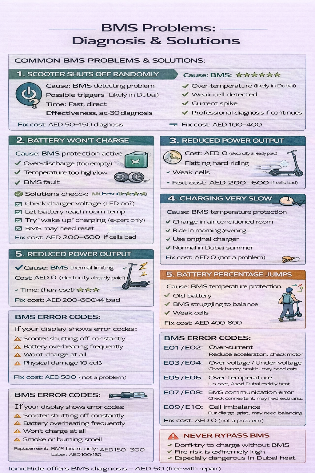 Troubleshooting guide infographic for BMS-related e-scooter issues such as sudden shutdowns and charging problems