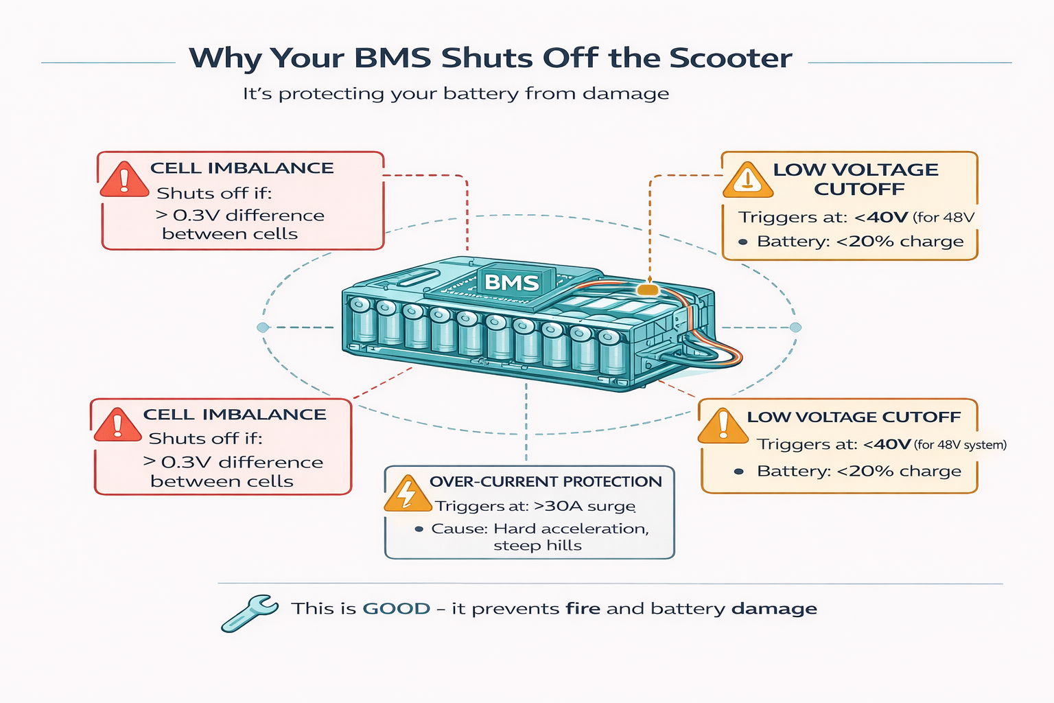 BMS Protection System in Electric Scooters Diagram explaining BMS protection system in electric scooters including overload and voltage cutoff