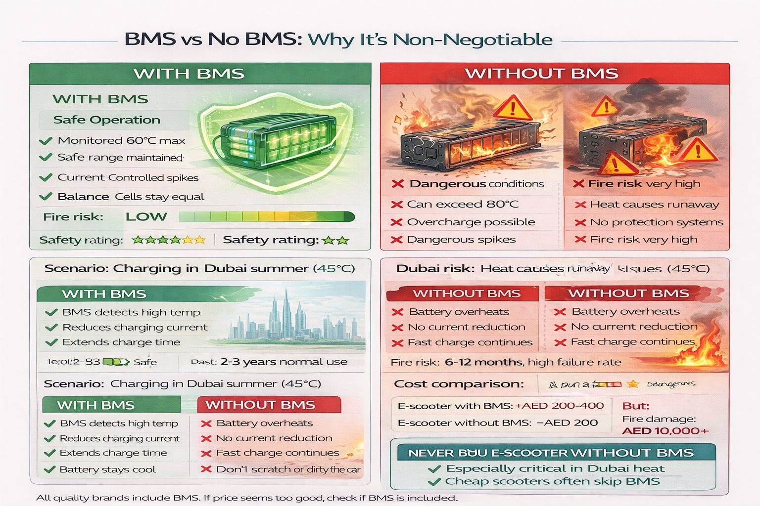 Comparison infographic showing differences between e-scooter batteries with BMS and without BMS