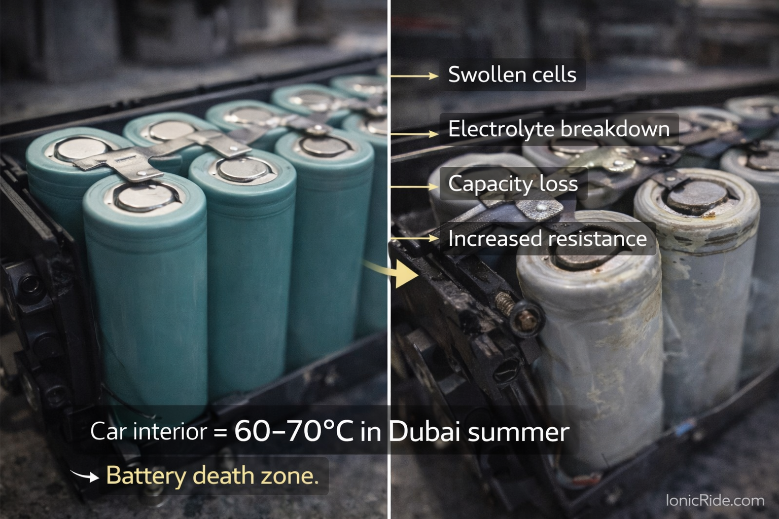 Battery Cell Heat Degradation Internal Damage Close-up of e-bike battery cells showing heat degradation with swollen cells electrolyte breakdown and capacity loss from Dubai extreme temperatures