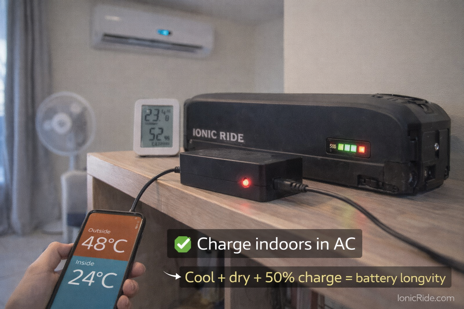 Safe E-Bike Battery Charging Temperature Dubai E-bike battery charging safely indoors in air-conditioned room at 23-25 degrees Celsius versus dangerous 48 degrees outdoor Dubai temperature