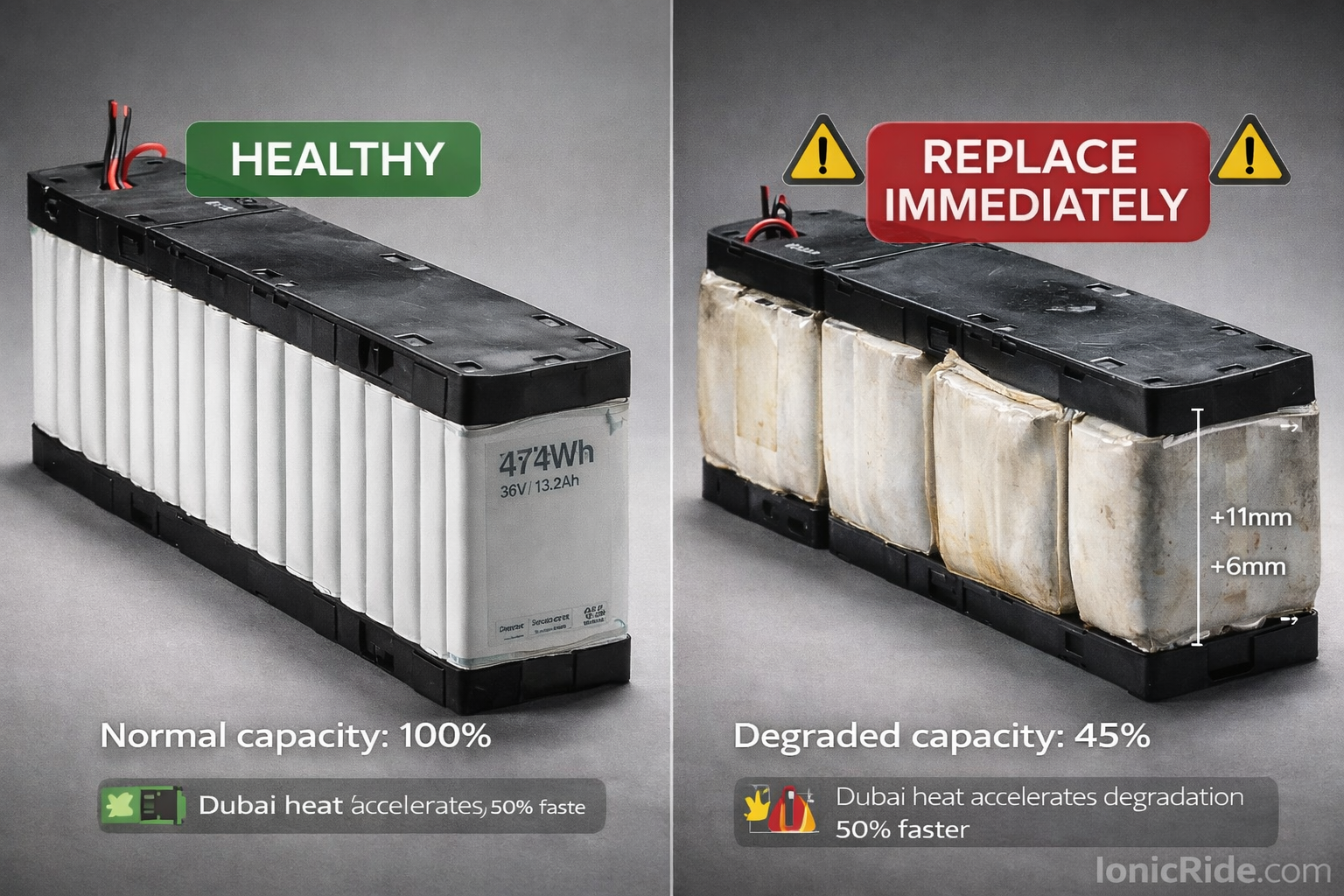 Side-by-side comparison showing new battery versus degraded battery with capacity measurements, voltage readings, and visual wear indicators