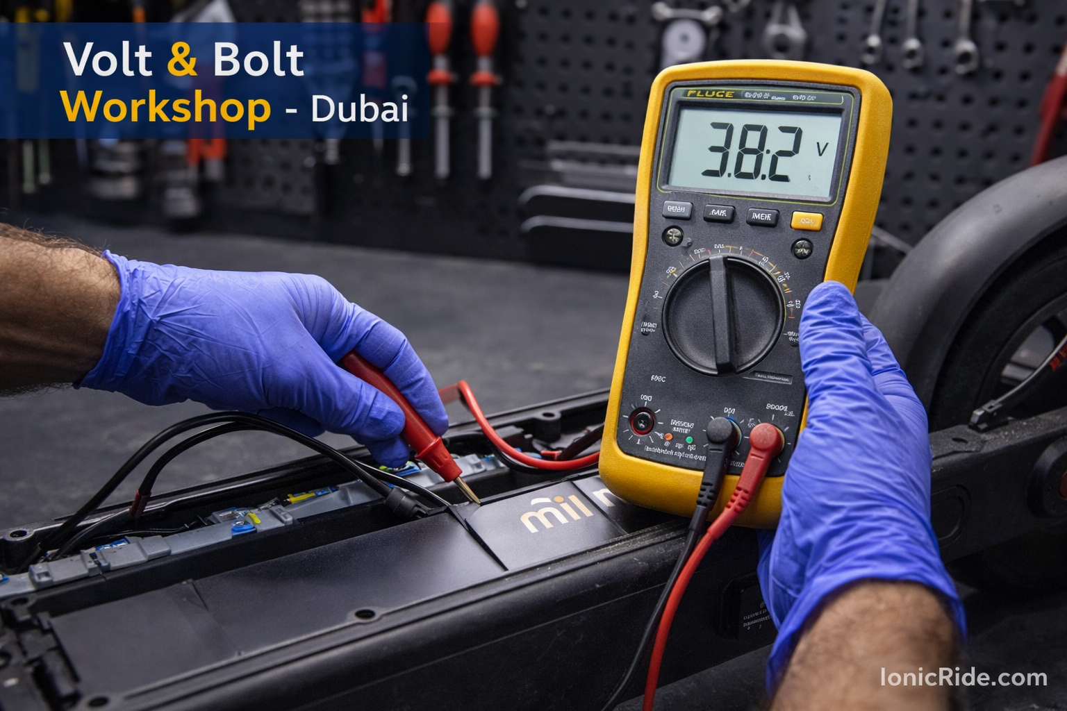 Hands-on demonstration of testing e-scooter battery voltage with multimeter showing proper probe placement and reading interpretation