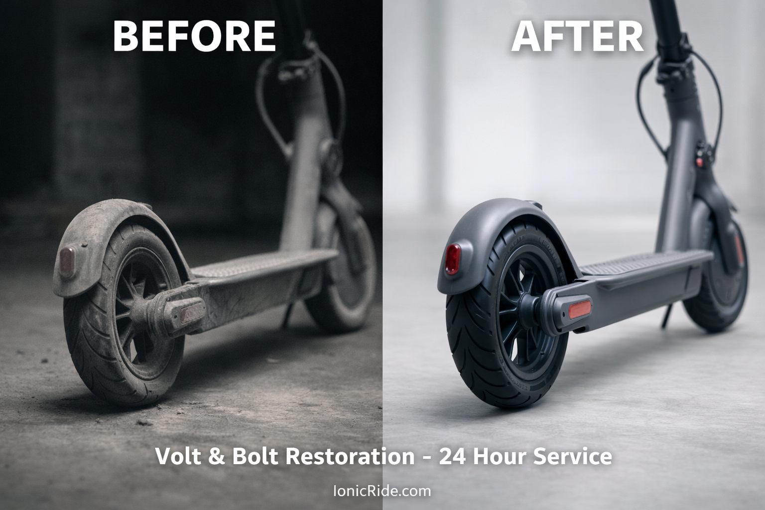 E-Scooter Professional Service Before After Dubai Before and after comparison of beaten-up e-scooter showing transformation from dusty neglected condition to fully serviced and cleaned state
