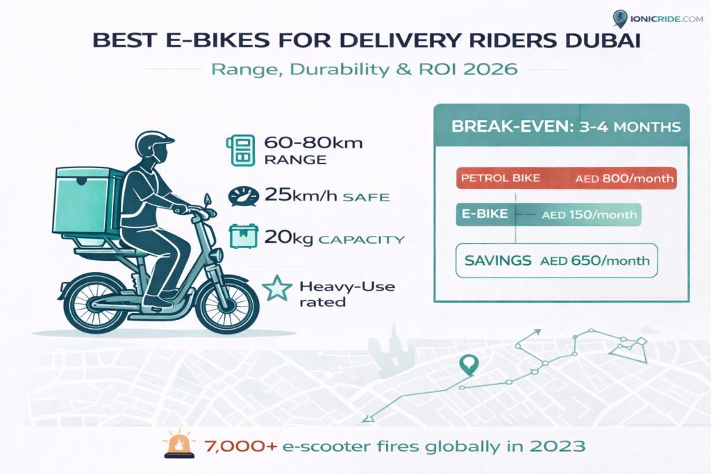 Delivery-focused e-bike infographic for Dubai riders highlighting range, load capacity, durability and ROI