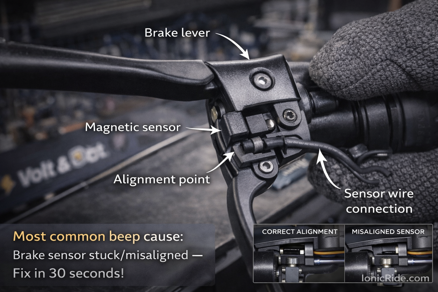 Close-up technical view of e-scooter brake sensor mechanism showing proper alignment, common misalignment issues, and adjustment points