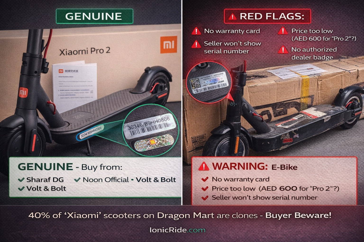 Warning guide showing problematic e-scooter brands to avoid in Dubai with common issues, lack of support, and counterfeit concerns
