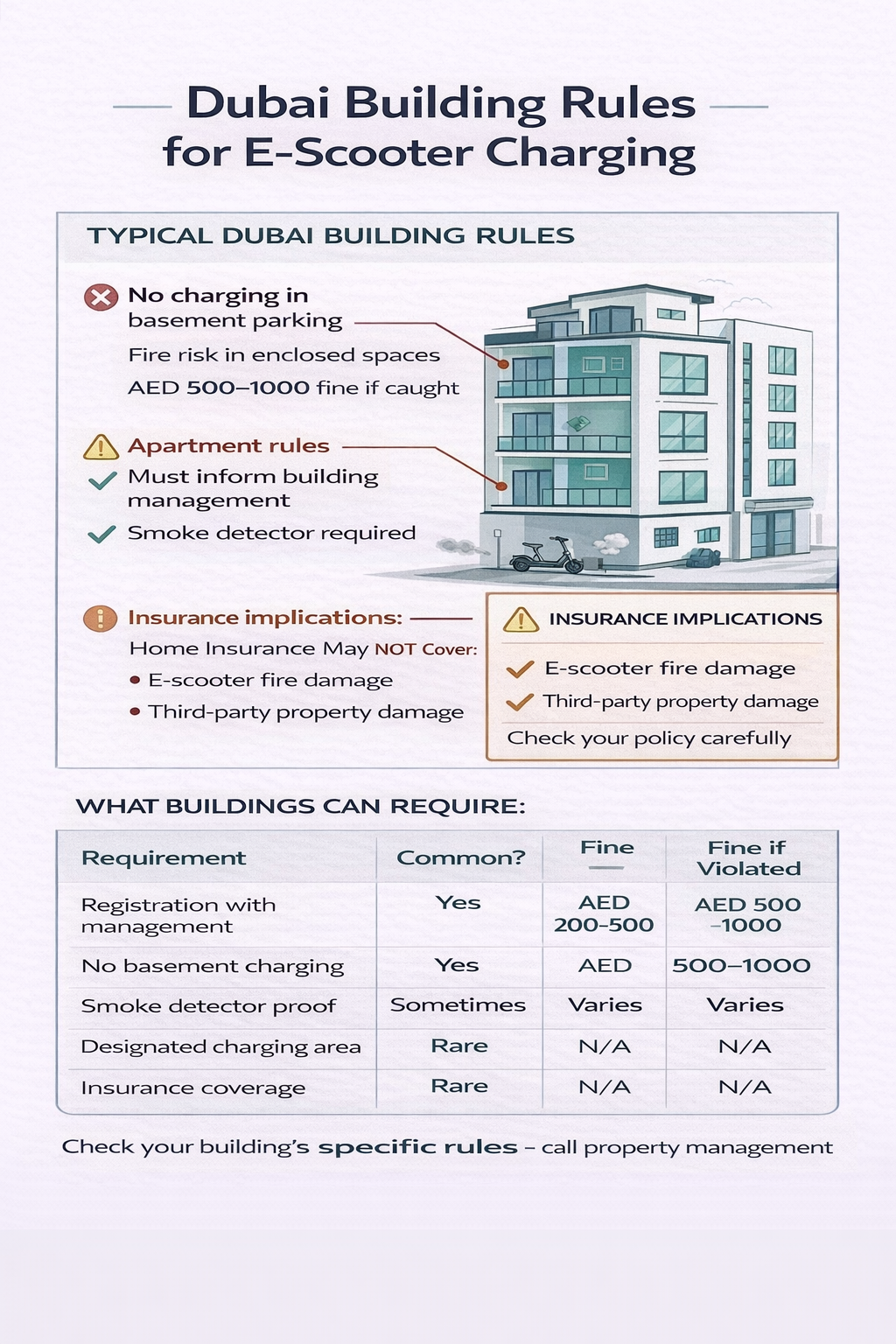 Dubai Building Rules and Insurance for E-Scooter Charging Infographic explaining Dubai building rules and insurance considerations related to charging e-scooters in apartments