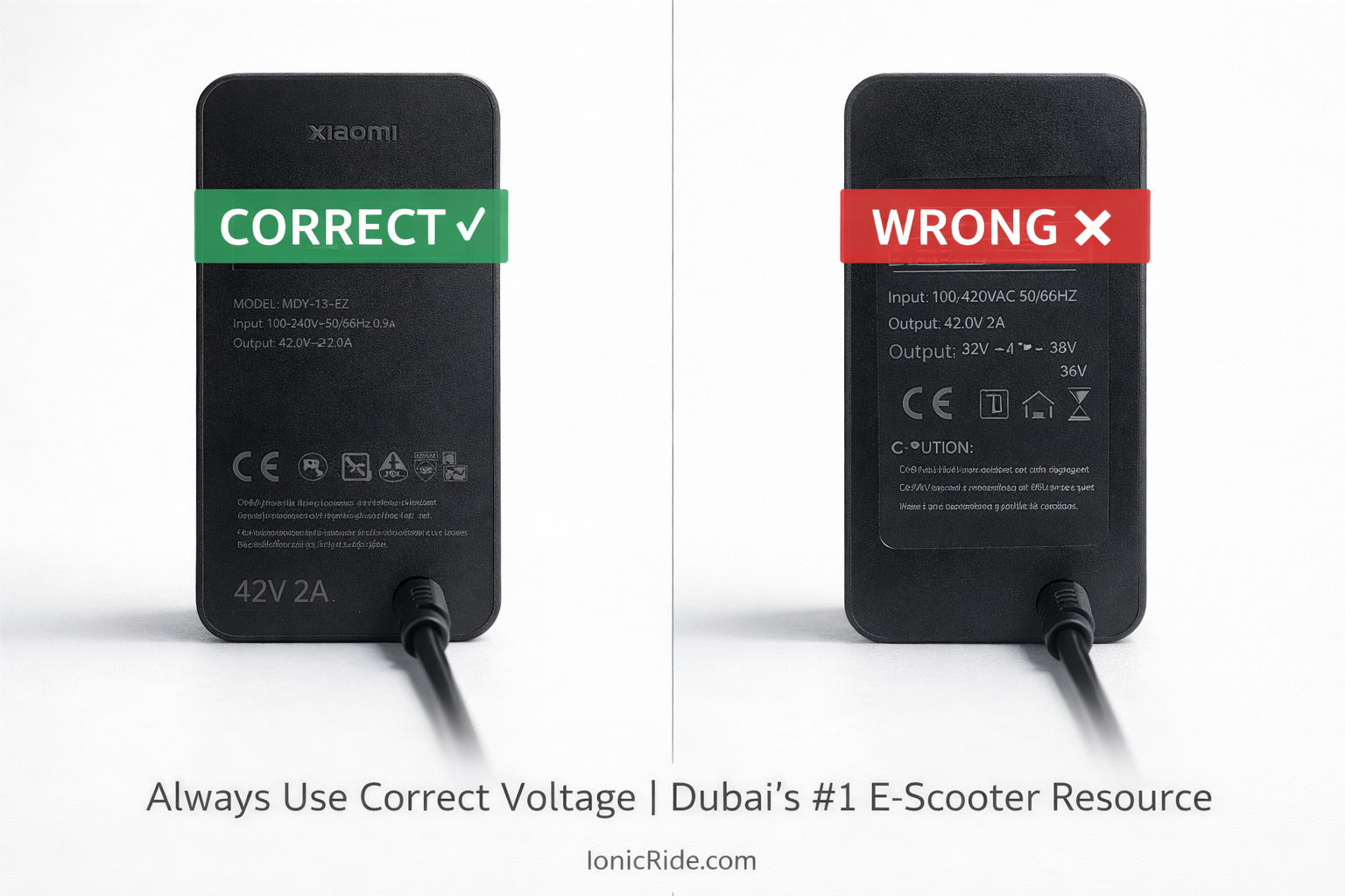 Side-by-side comparison of genuine versus counterfeit e-scooter chargers showing quality differences in build, connector, and LED indicators