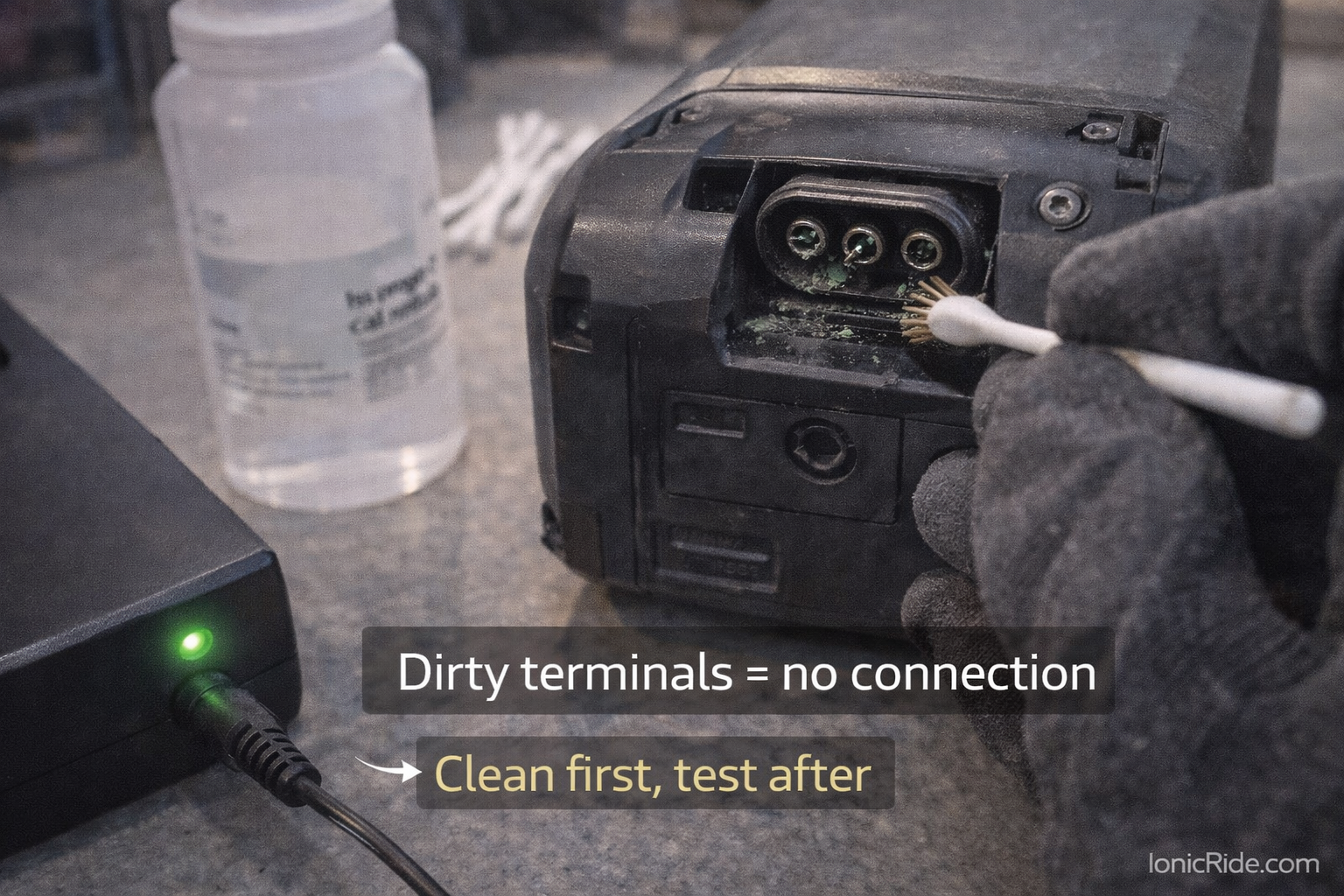 Cleaning corroded e-bike battery charging terminals with contact cleaner to fix no charging problem Dubai maintenance