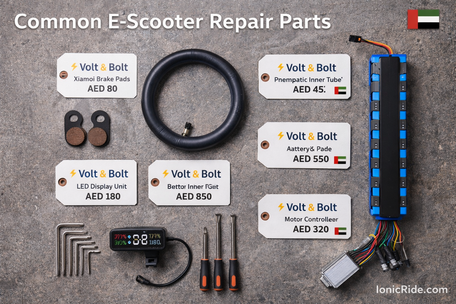 Common E-Scooter Repair Parts Dubai Flat lay display of most common e-scooter replacement parts in Dubai including brake pads, tires, controllers, and battery cells with price tags
