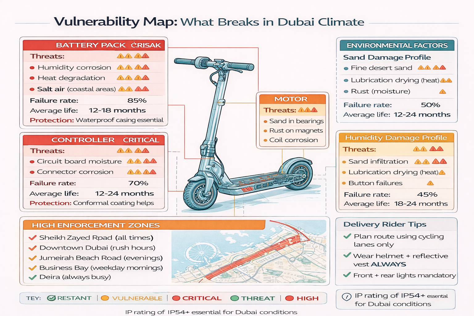 E-Scooter Component Vulnerability Map (Dubai) Component vulnerability map showing how sand and humidity affect different parts of an e-scooter