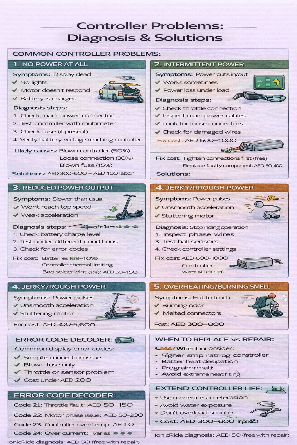 Troubleshooting guide infographic for common e-scooter controller problems such as power loss and overheating
