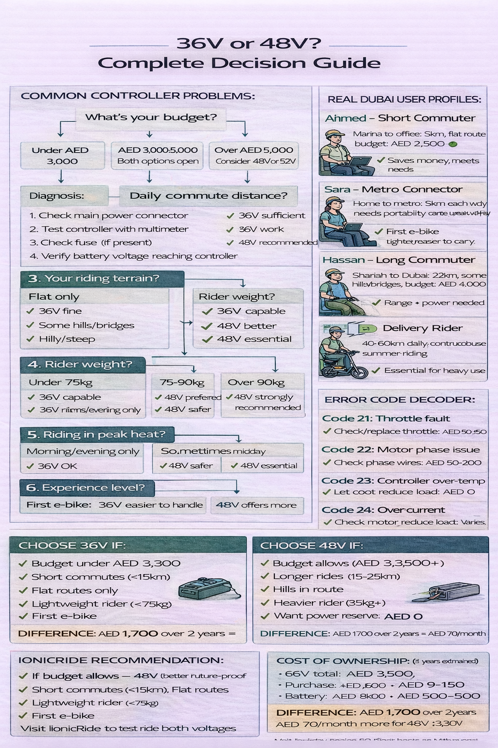 Decision guide infographic recommending 36V or 48V e-bikes based on rider type and usage