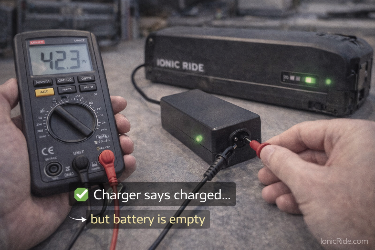 E-bike battery showing 28.4V on multimeter indicating over-discharge and BMS protection lockout preventing charging