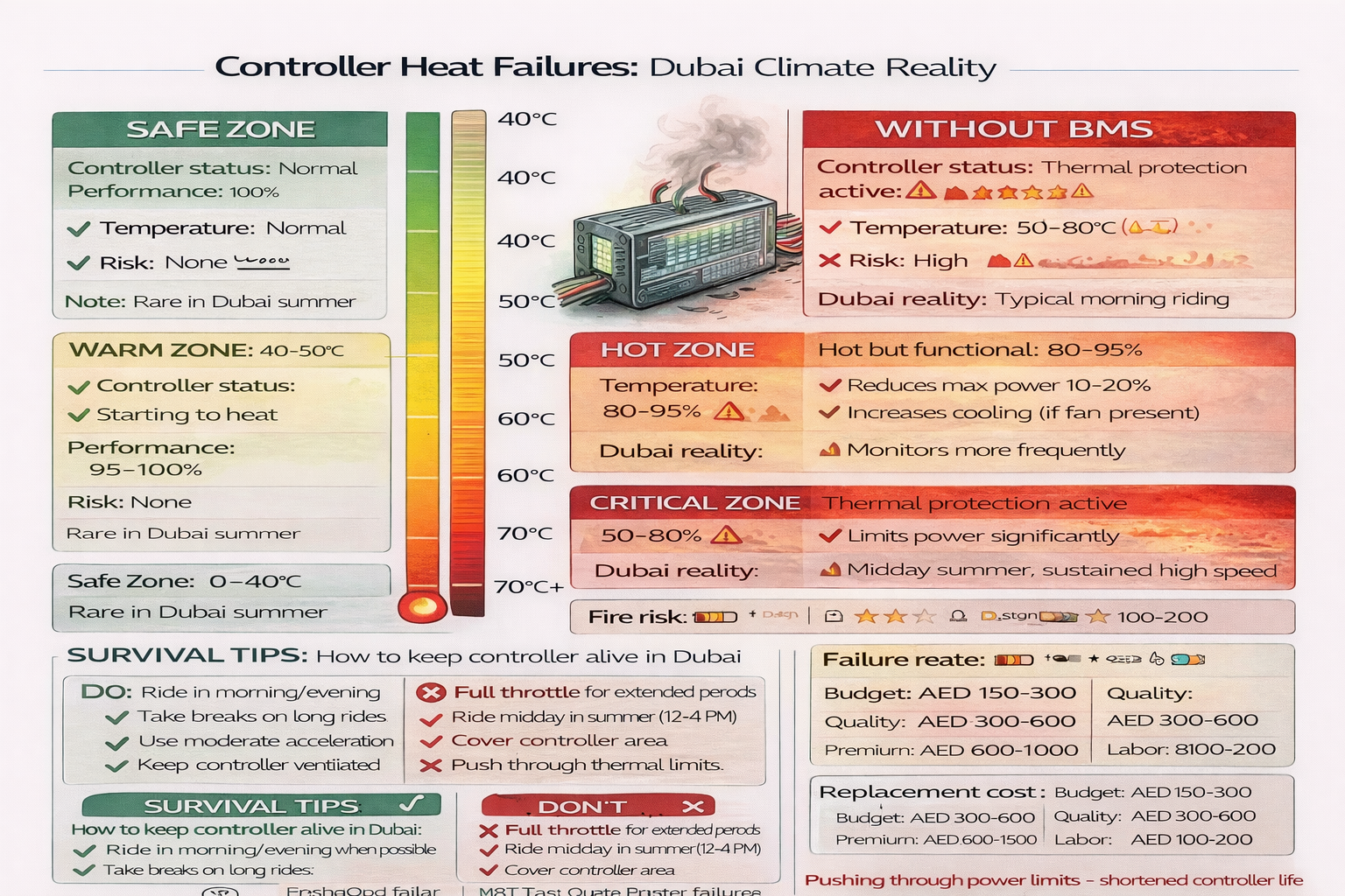 Infographic showing how extreme Dubai heat causes e-scooter controller failures above 60 degrees Celsius