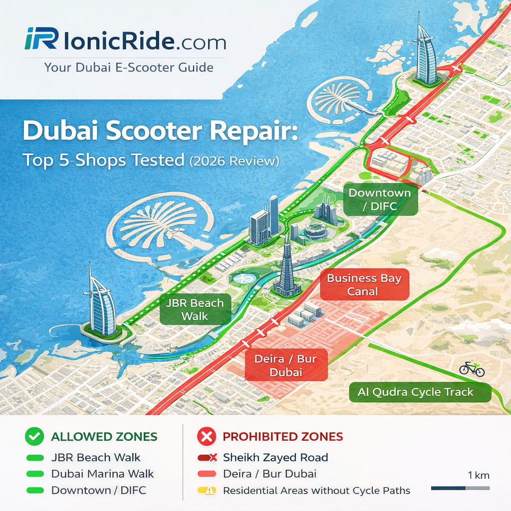 Illustrated overview of Dubai's main districts showing e-scooter regulations by area including JBR, Downtown, Dubai Marina, and Business Bay