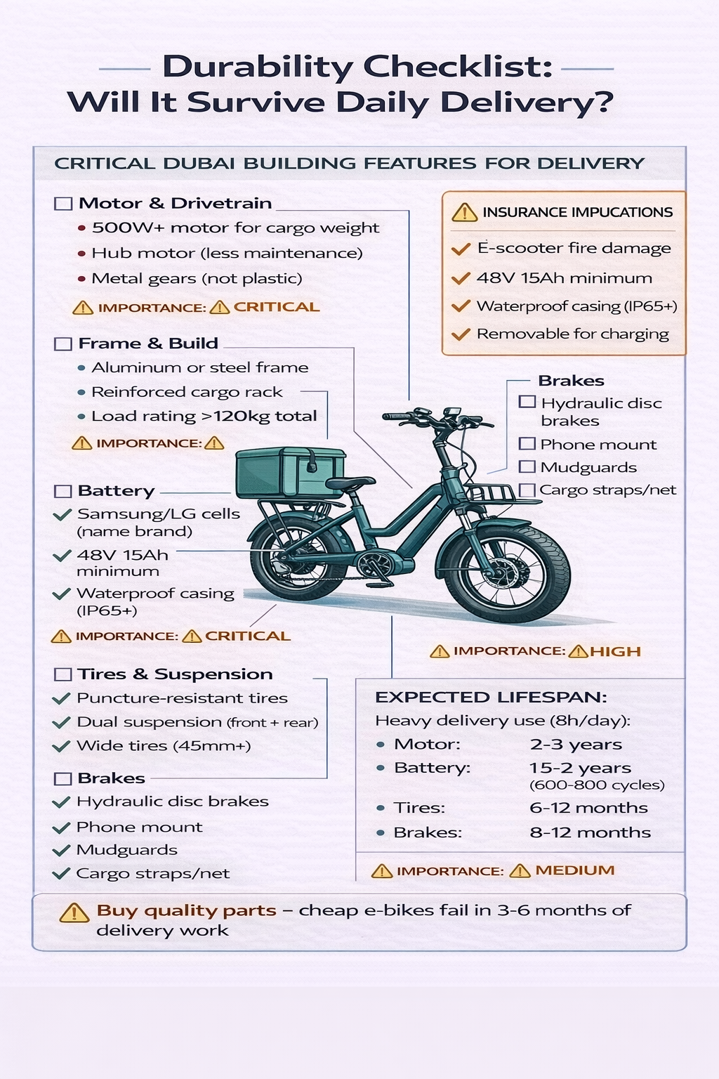 E-Bike Durability Checklist for Delivery Riders Durability checklist infographic showing what to inspect on an e-bike used for heavy delivery work