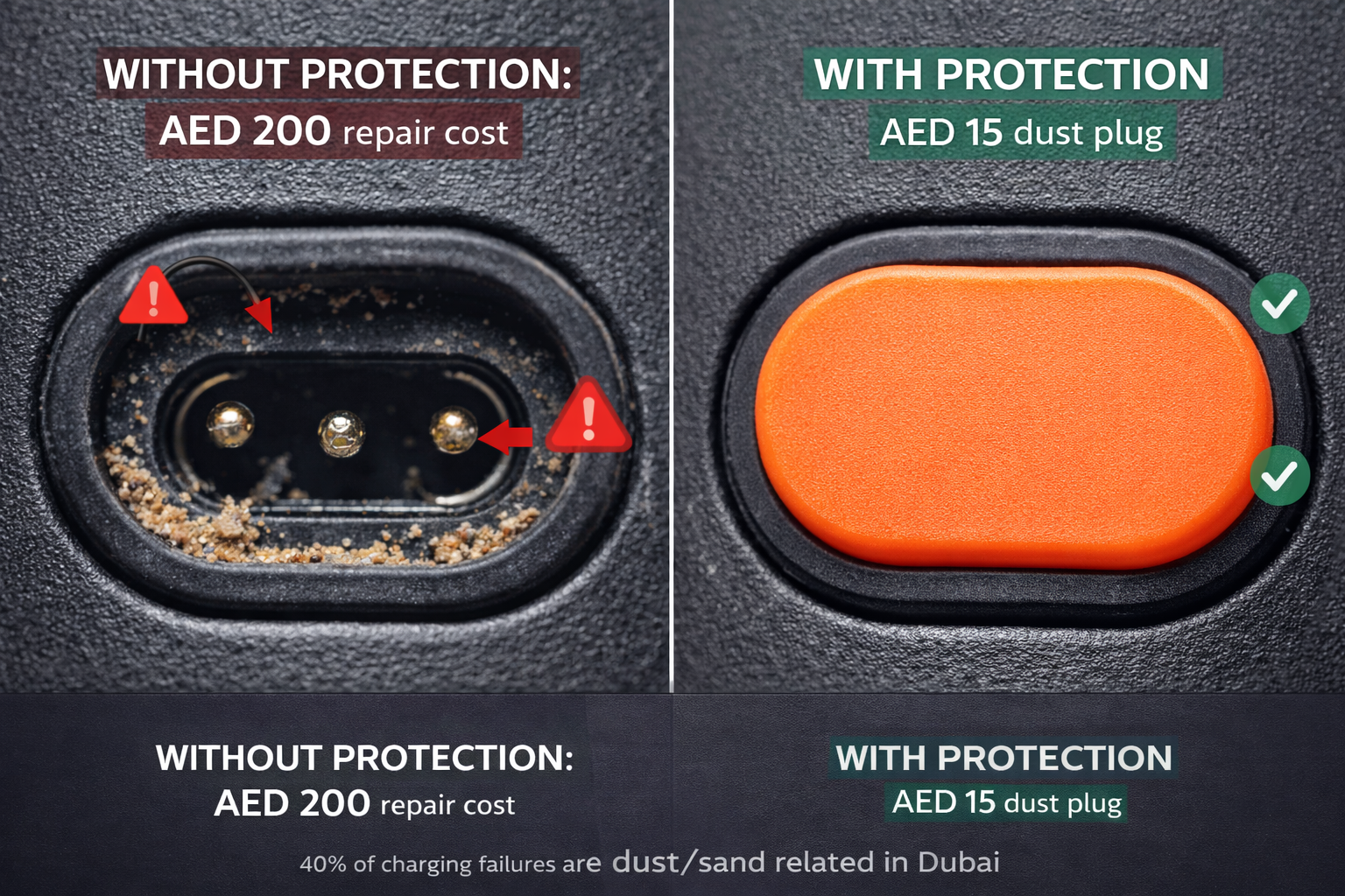 E-Scooter Dust Protection Dubai Essential Macro photograph showing silicone dust plugs protecting e-scooter charging port and display connections from Dubai sand and dust