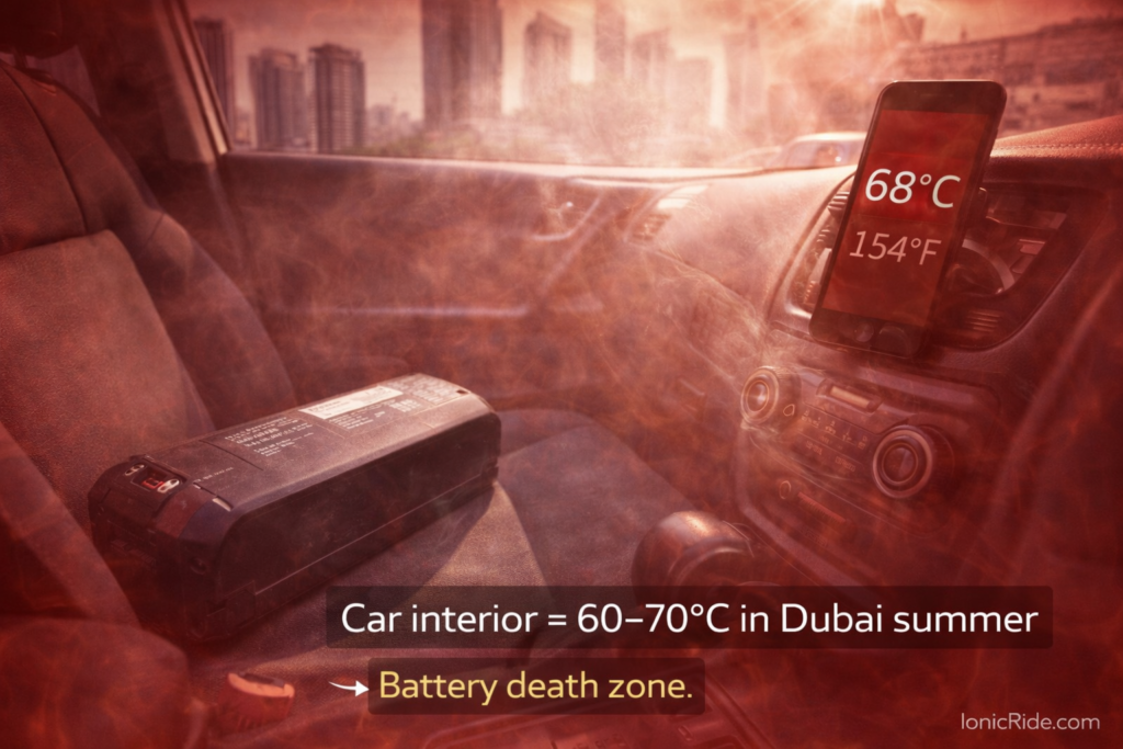 E-bike battery left in hot Dubai car interior showing extreme 68 degrees Celsius temperature that destroys battery cells and reduces capacity