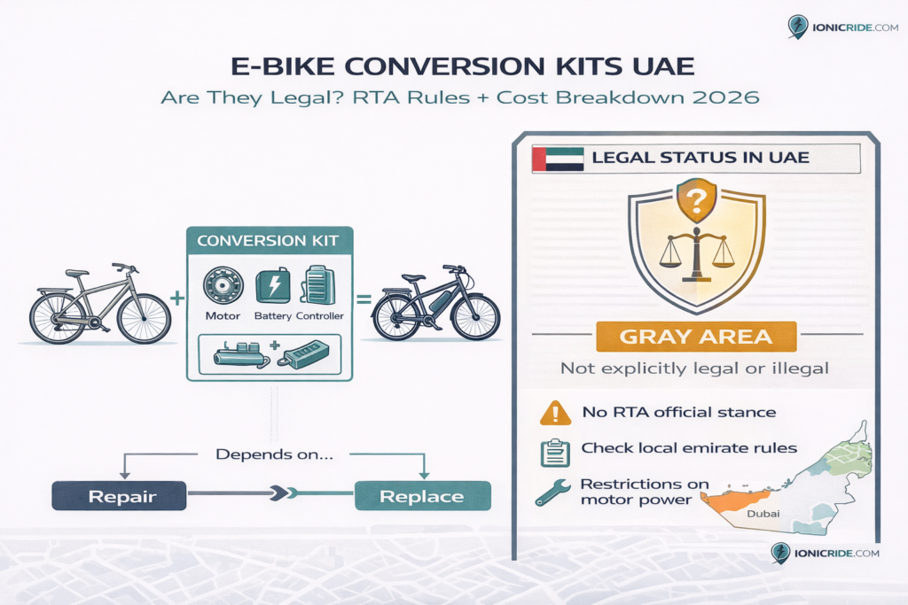 Legal overview infographic explaining whether e-bike conversion kits are legal in the UAE