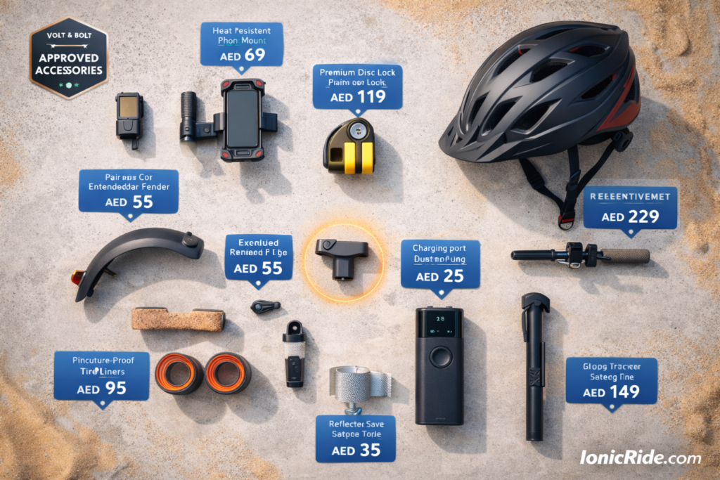 Complete collection of essential e-scooter accessories for Dubai including dust covers, phone mounts, locks, and heat-resistant storage solutions