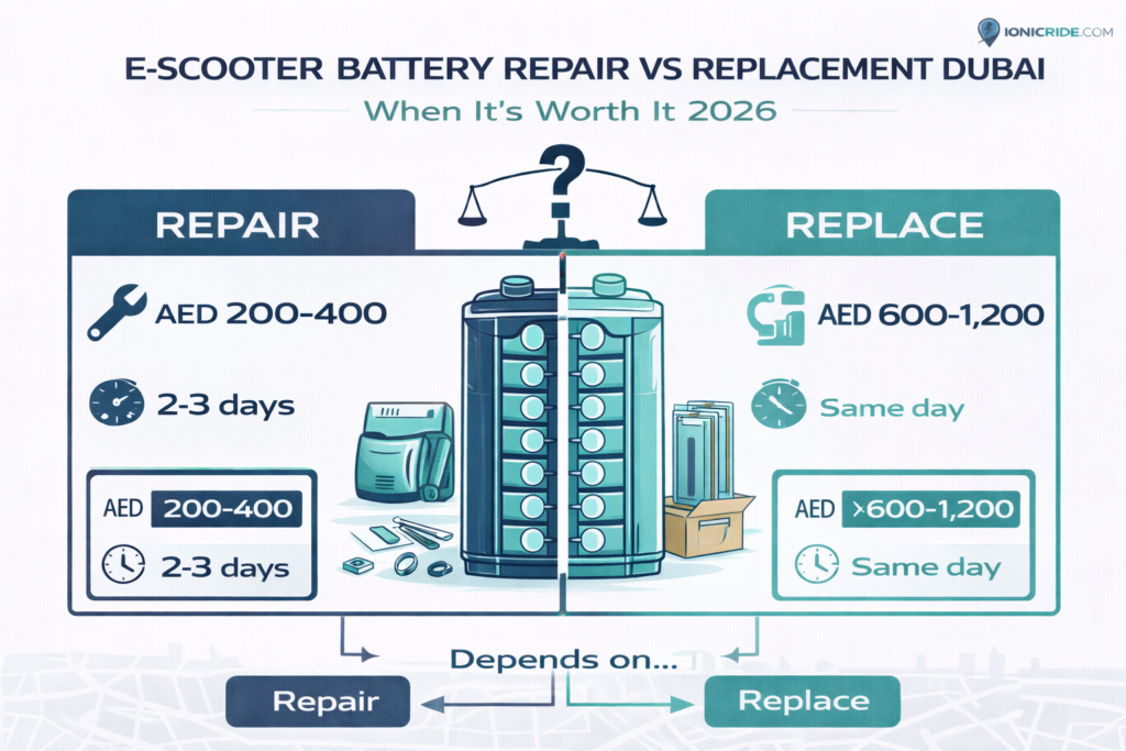 Split infographic comparing e-scooter battery repair versus replacement in Dubai with costs and time estimates