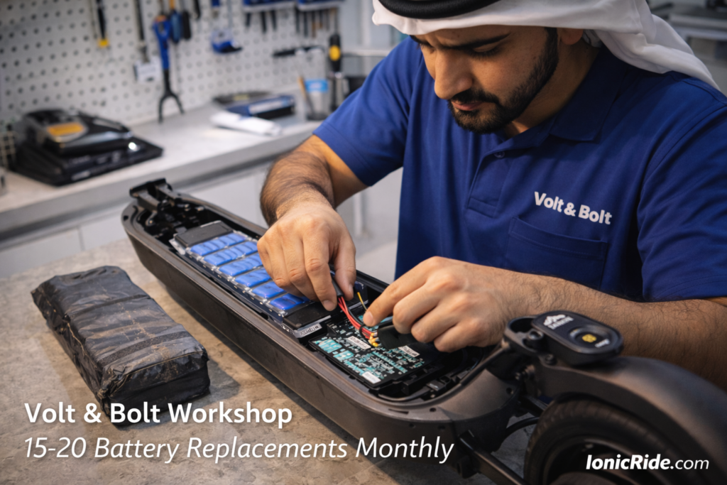 Complete overview of e-scooter battery replacement showing expected lifespan in Dubai heat, degradation timeline, and replacement costs by scooter tier