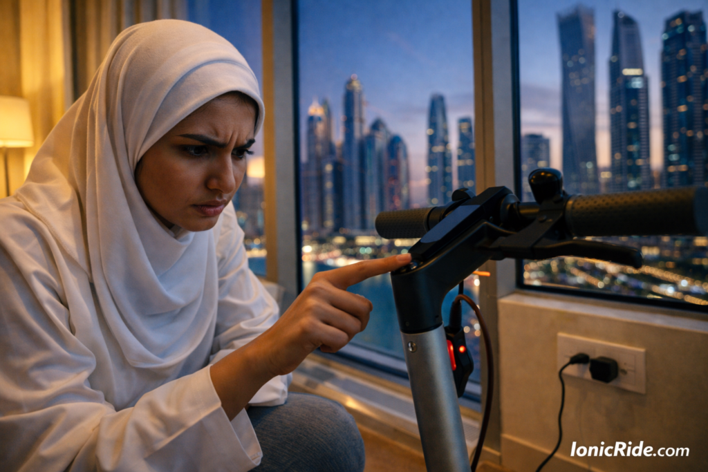 Step-by-step visual guide showing how to diagnose and fix common e-scooter charging problems in Dubai including port inspection and connection testing