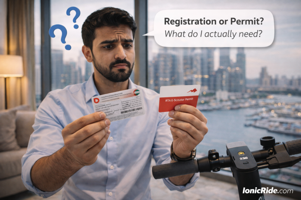"Complete guide to e-scooter registration requirements in Dubai showing difference between registration, permit, and license with mandatory documentation