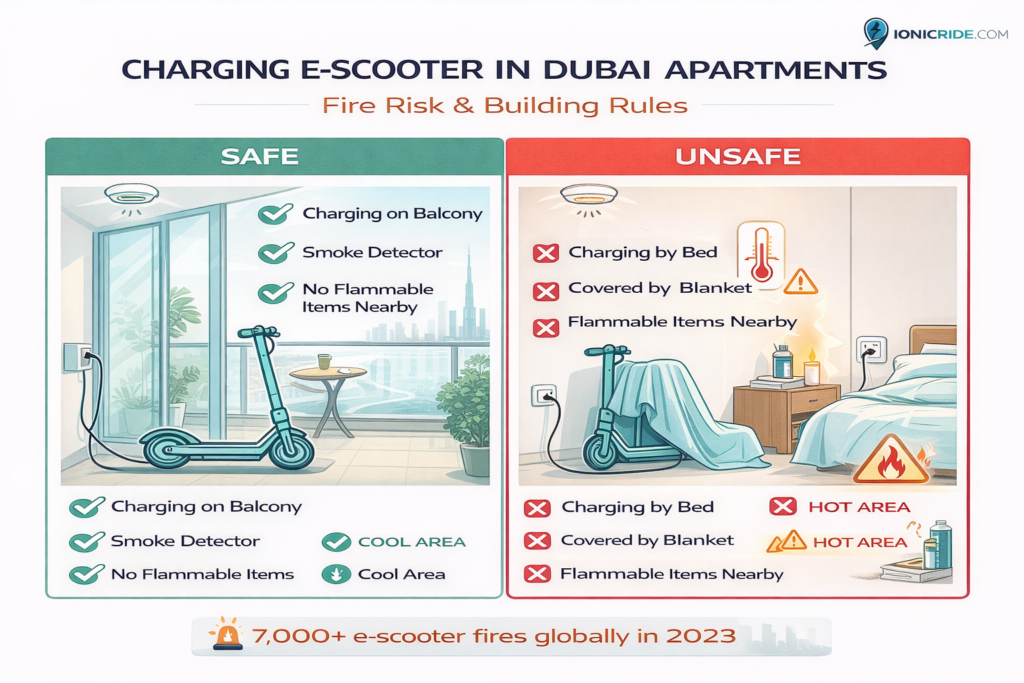 Safety infographic showing safe and unsafe ways to charge an e-scooter inside Dubai apartments with fire risk warnings