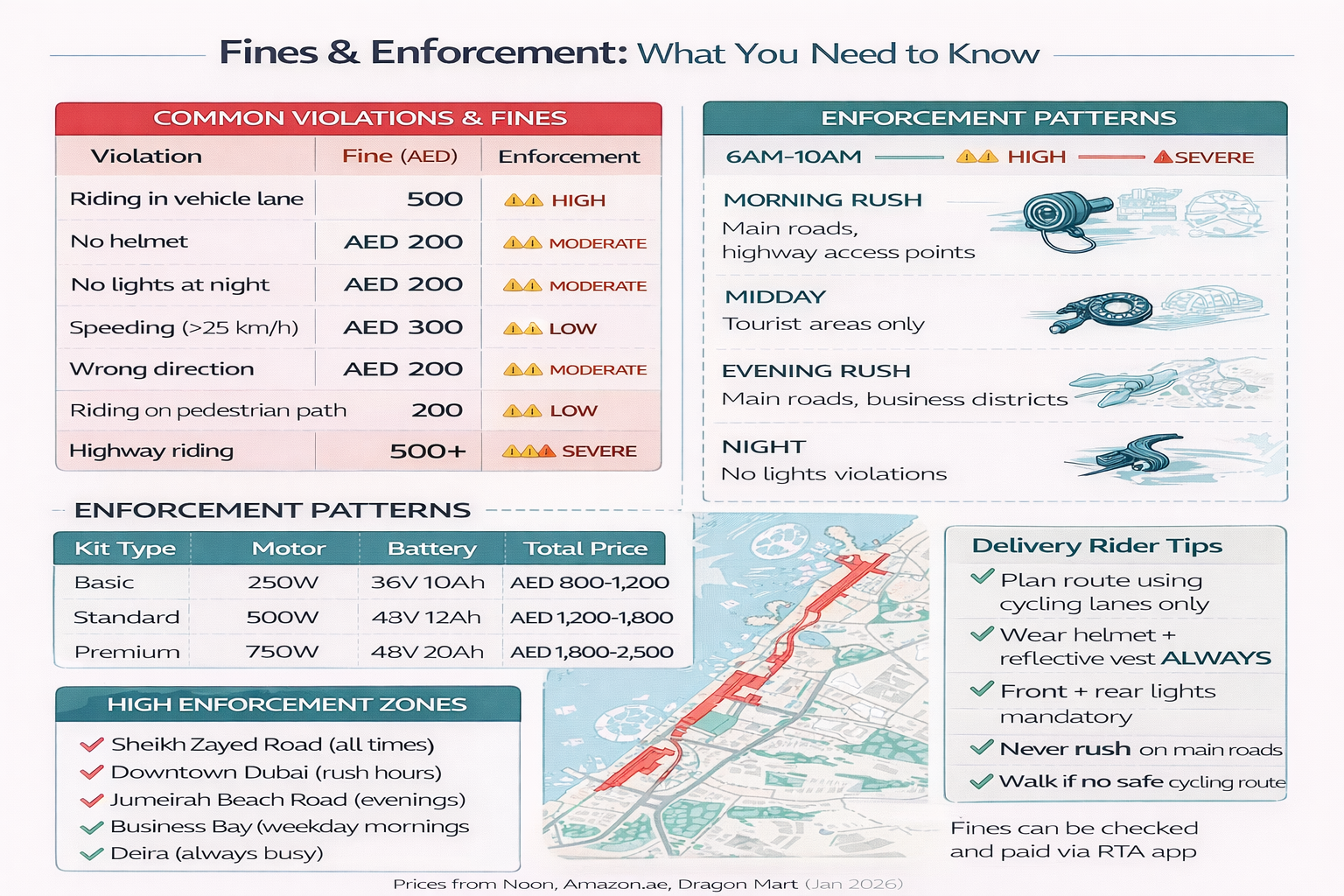 Delivery E-Bike Fines and Enforcement in Dubai Dubai RTA fine structure infographic showing penalties for delivery e-bike violations and enforcement actions