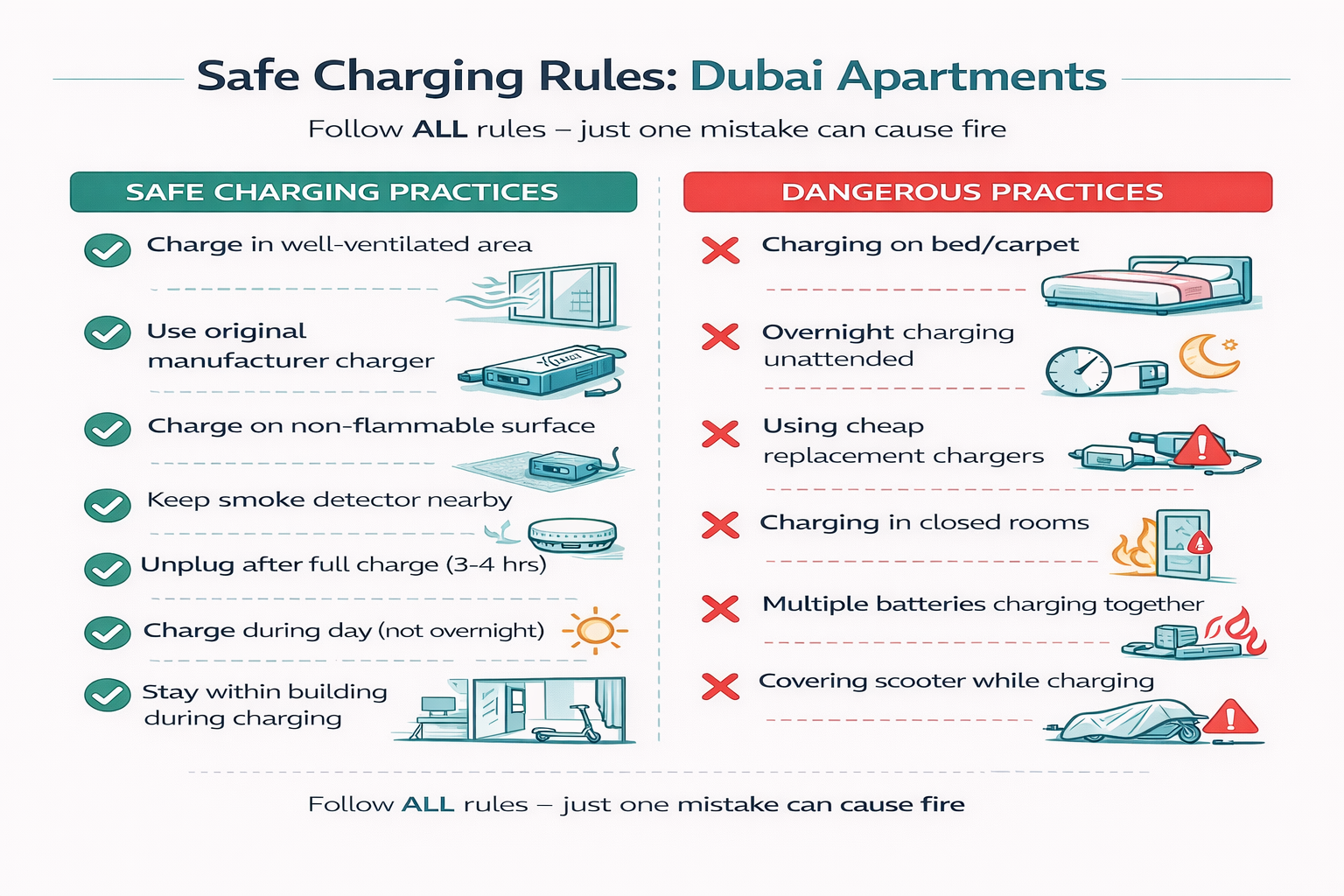 E-Scooter Fire Risk Factors Explained Infographic showing common e-scooter fire risk factors such as overheating, poor ventilation and damaged batteries