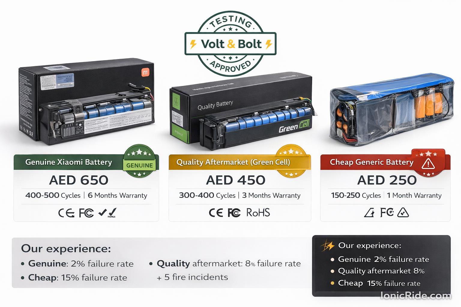 Detailed comparison between genuine OEM and aftermarket replacement batteries showing build quality, cell types, BMS features, and warranty differences