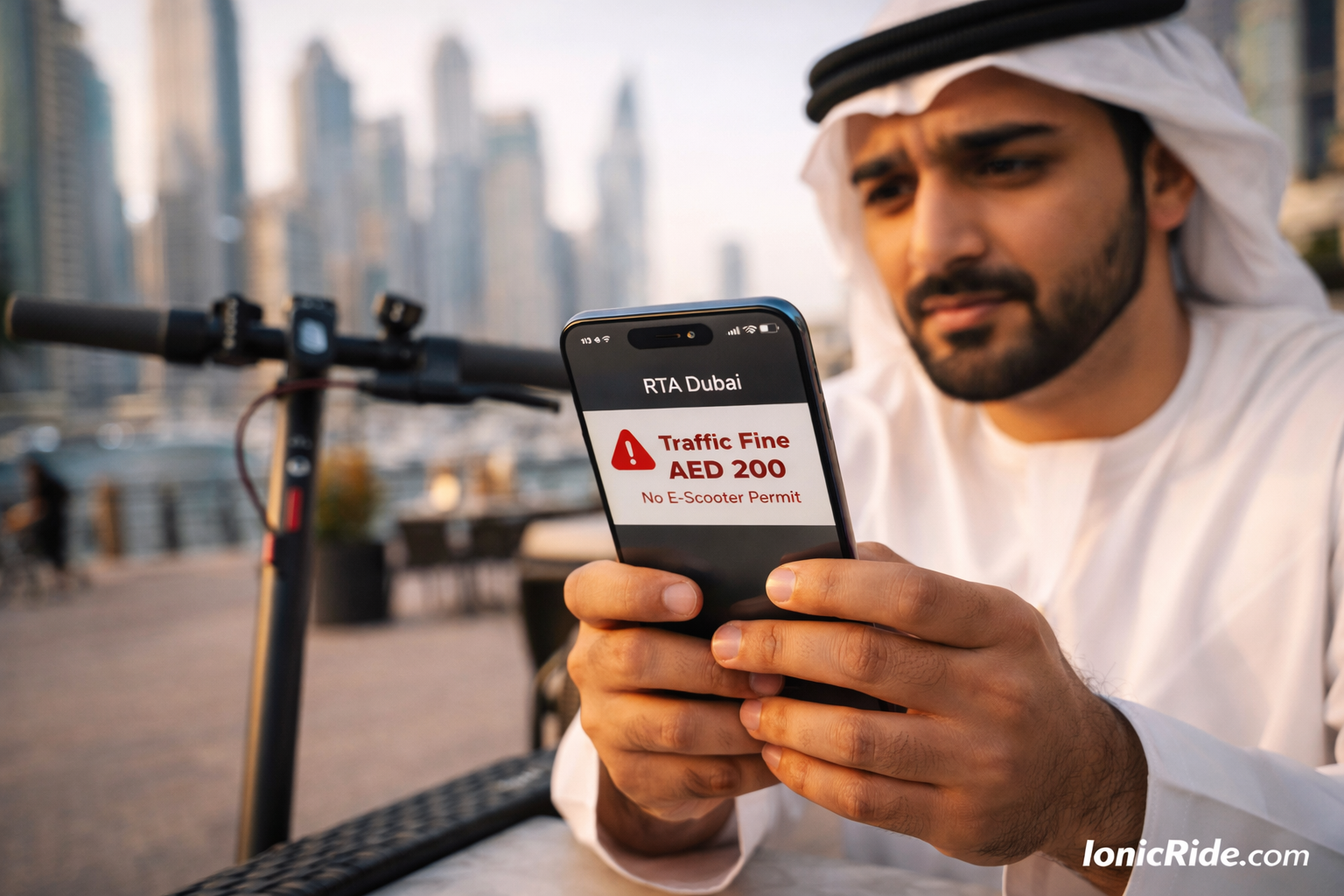 Step-by-step visual guide showing multiple methods to check e-scooter traffic fines in Dubai including RTA app, police website, and SMS service