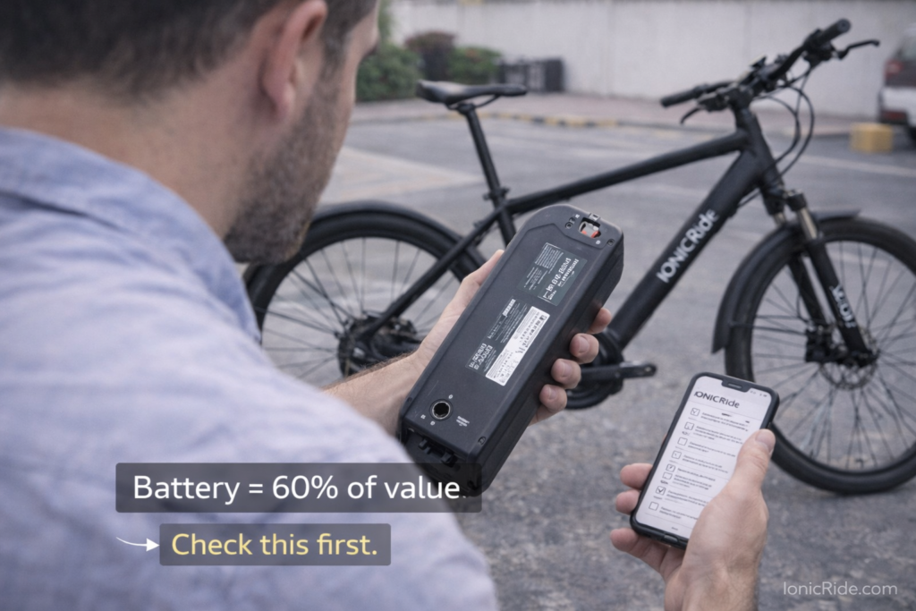 Buyer inspecting used e-bike battery in Dubai checking connection points and capacity label before purchasing from Dubizzle seller