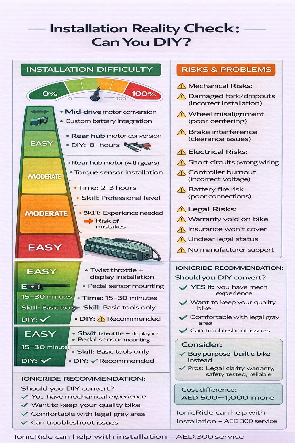 Installation difficulty and safety risks infographic for installing e-bike conversion kits