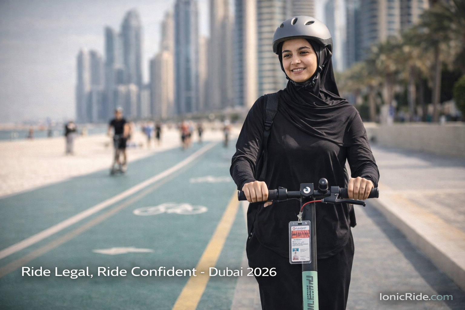 Real-world scene showing properly compliant e-scooter rider in Dubai with visible permit, helmet, and documentation ready for police inspection