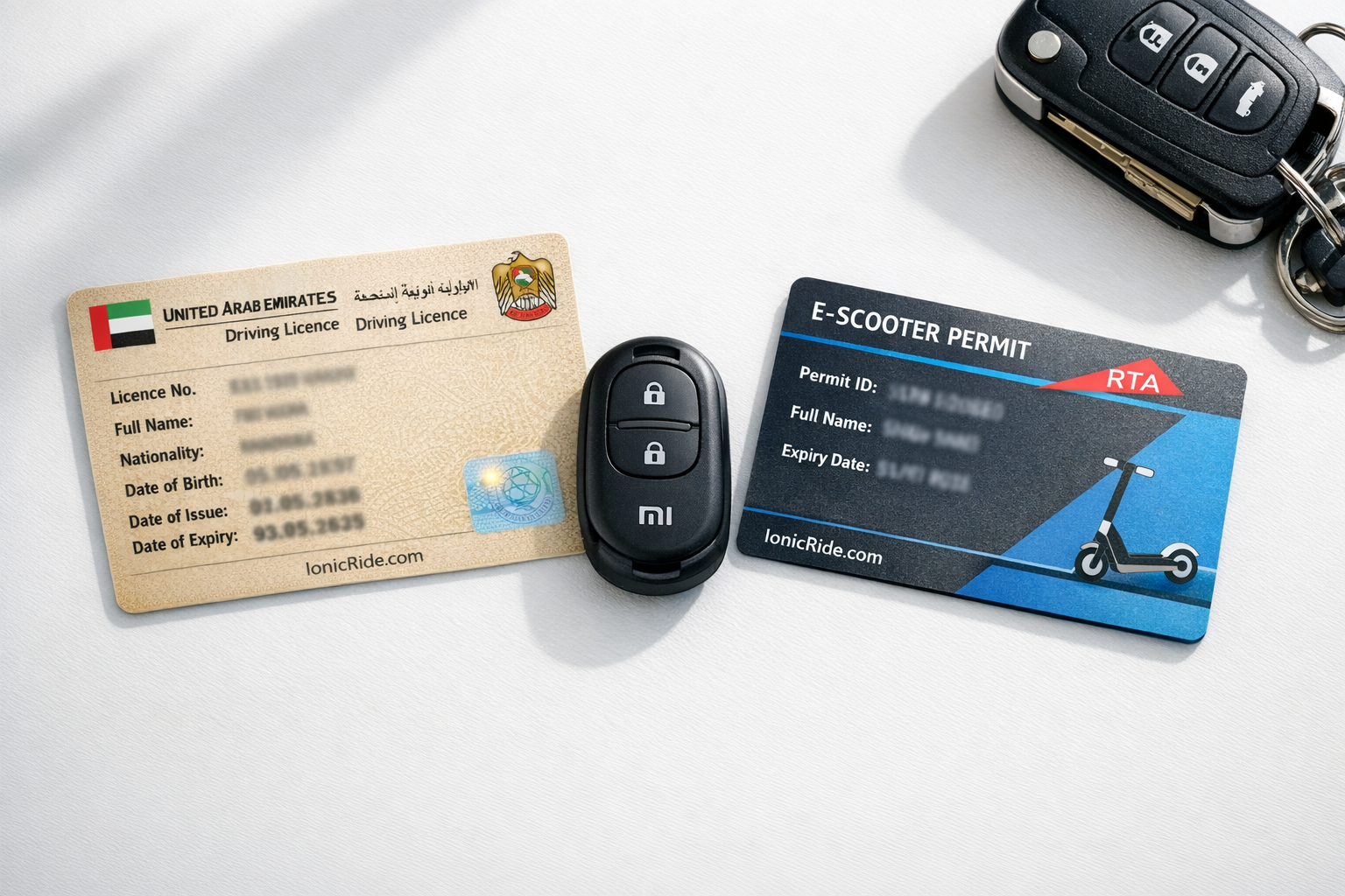 Side-by-side comparison of required documents for e-scooter license in Dubai including Emirates ID, passport copy, eye test certificate, and RTA training certificate