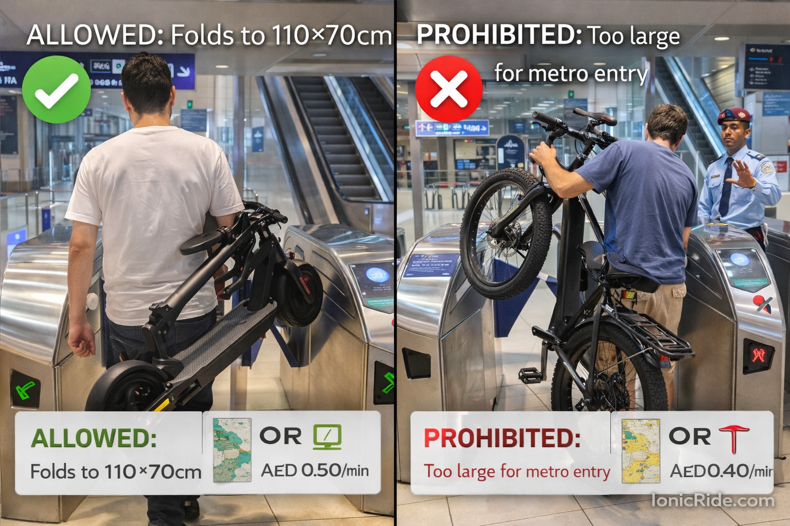 E-Scooter E-Bike Dubai Metro Transport Test Real-world demonstration of folding e-scooter on Dubai Metro versus bulky e-bike showing size constraints, folding process, and passenger reactions