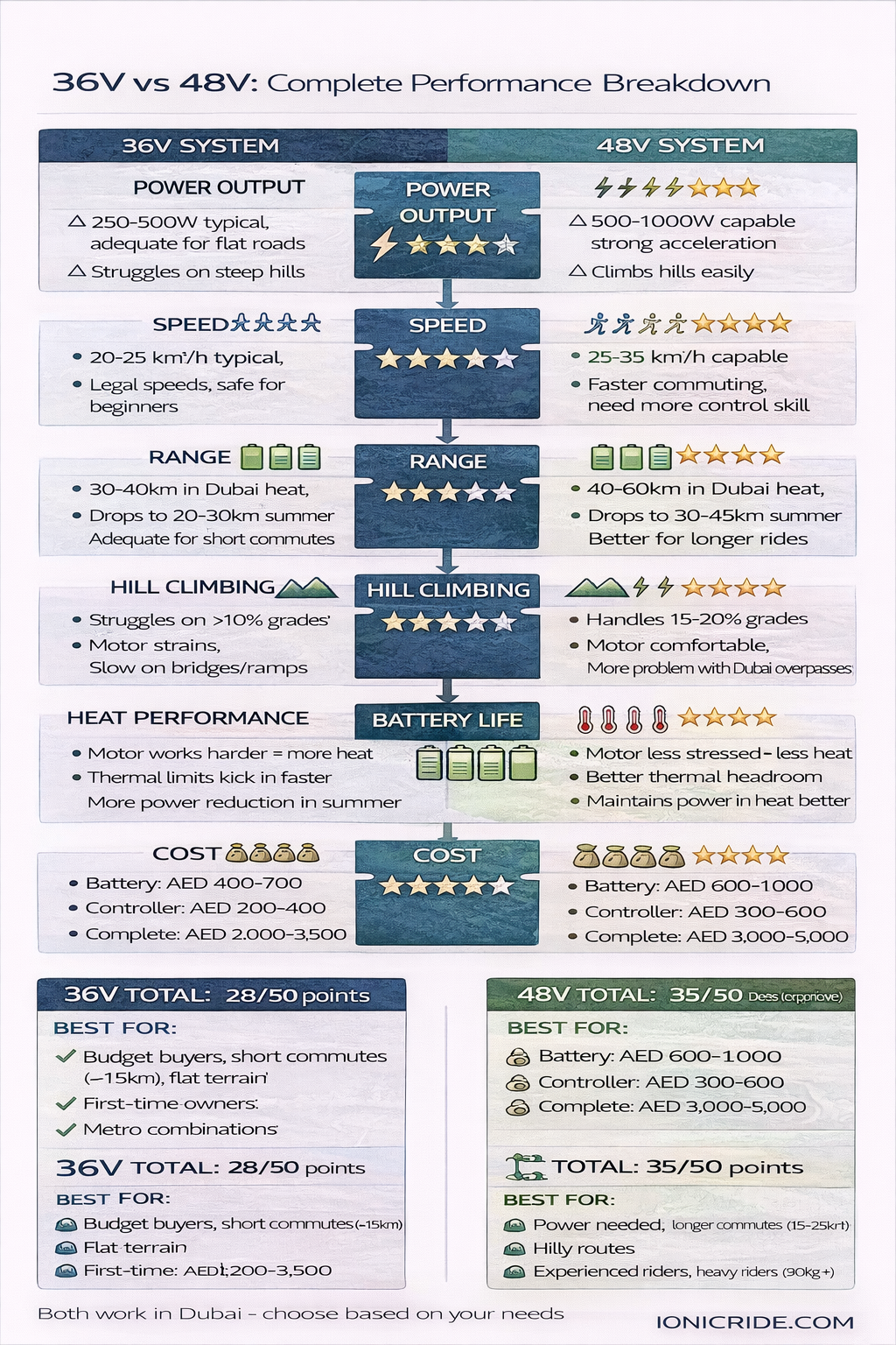 Performance comparison table between 36V and 48V e-bikes including motor power, range and price