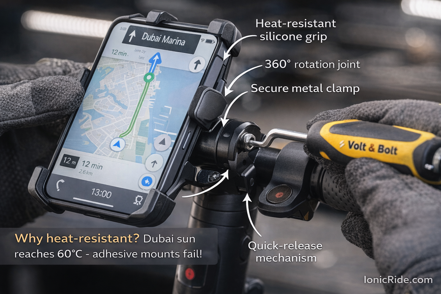 E-Scooter Phone Mount Installation Guide Dubai Detailed close-up showing proper phone mount installation on e-scooter handlebars with cable management and vibration dampening